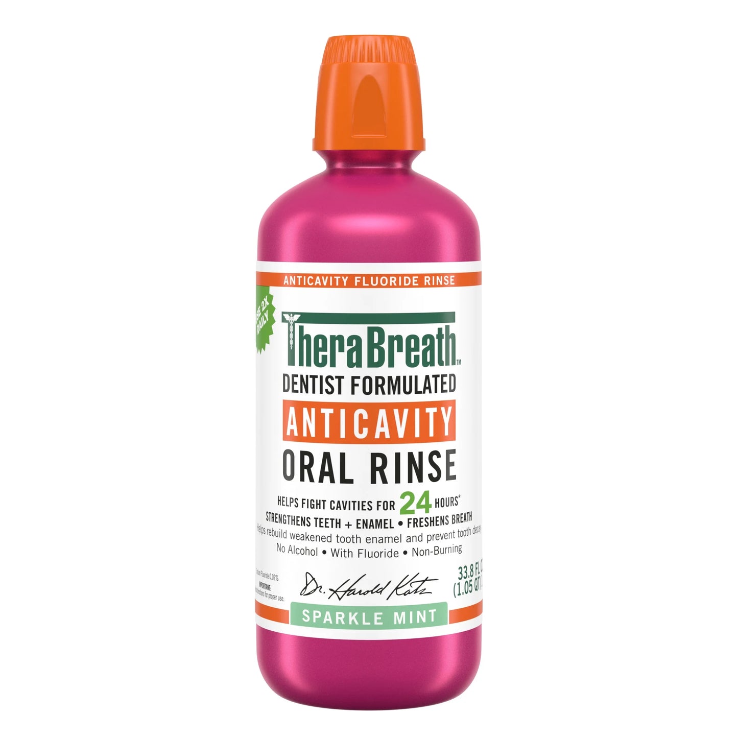غسول الفم ثيرابريث المضاد للتسوس (TheraBreath Anticavity Oral Rinse) بنكهة النعناع المتلألئ.
