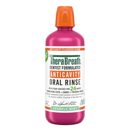 غسول الفم ثيرابريث المضاد للتسوس (TheraBreath Anticavity Oral Rinse) بنكهة النعناع المتلألئ. 